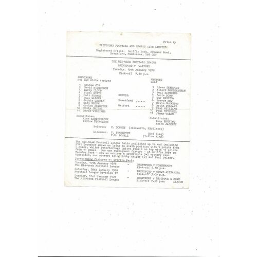 Brentford v Watford Mid-Week League Football Programme 1977/78