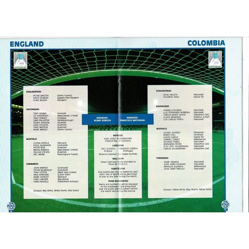 1988 England v Colombia Football Programme
