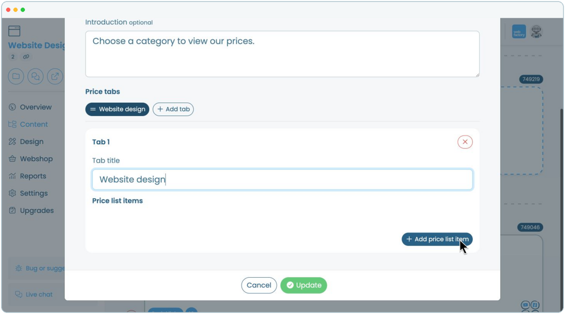 How to add a tabbed price list to a website page | Webfactory Support | Webfactory
