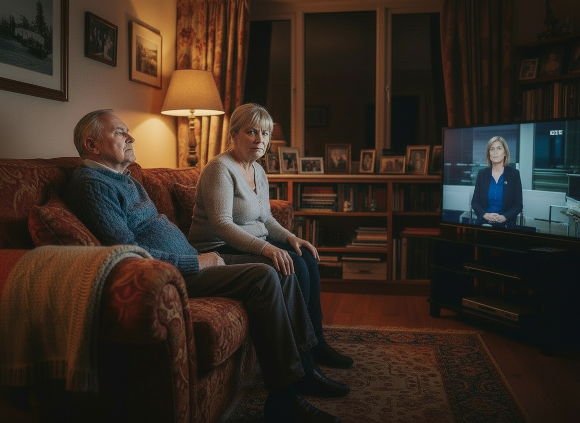 Elderly wife looking frustrated trying to get her husband to go to bed while he watches the news late at night - evening care Bristol.
