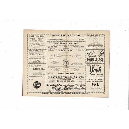 1951/52 Brentford v Birmingham City Football Programme
