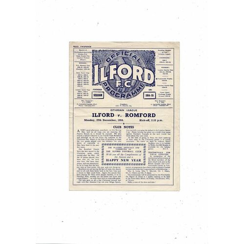 1954/55 Ilford v Romford Isthmian League Football Programme