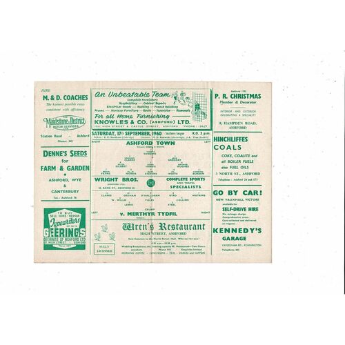 1960/61 Ashford Town v Merthyr Tydfil Southern League Football Programme
