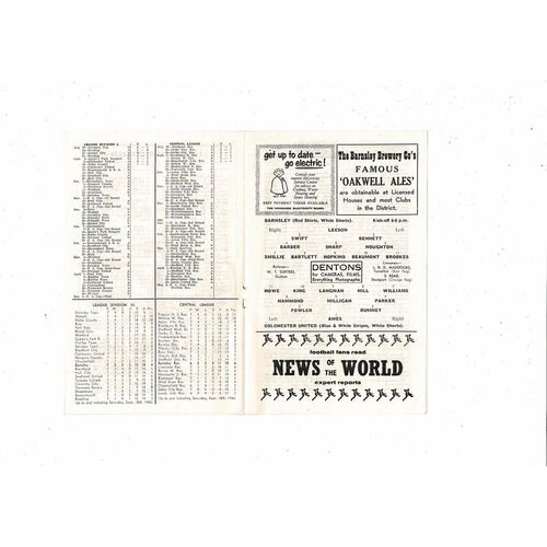 1960/61 Barnsley v Colchester United Football Programme