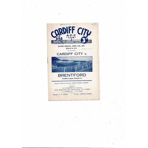 1949/50 Cardiff City v Brentford Football Programme