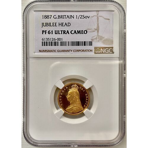 Desirable 1887 proof Queen Victoria shield back gold half sovereign