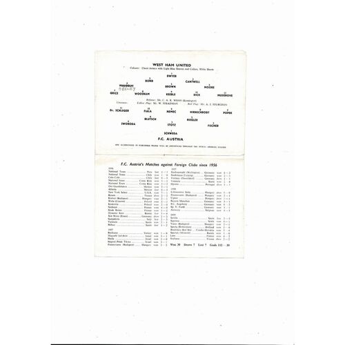 West Ham United v Austria Vienna Friendly Football Programme 1959/60