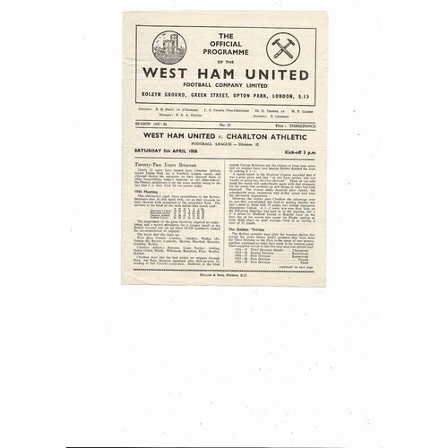1957/58 West Ham United v Charlton Athletic Football Programme
