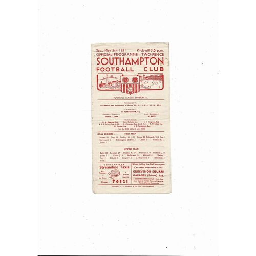 1950/51 Southampton v Brentford Football Programme
