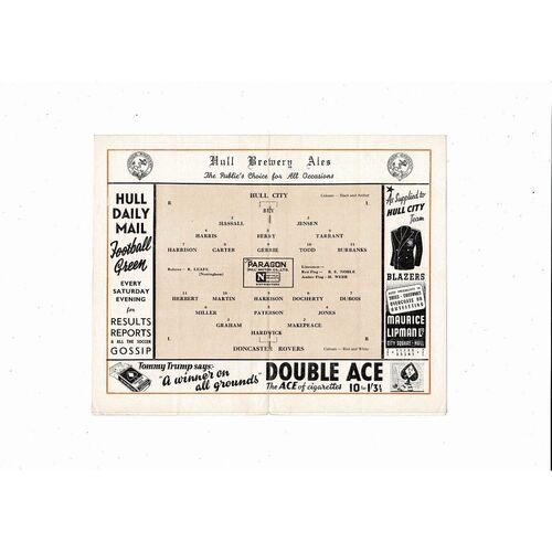 1951/52 Hull City v Doncaster Rovers Football Programme