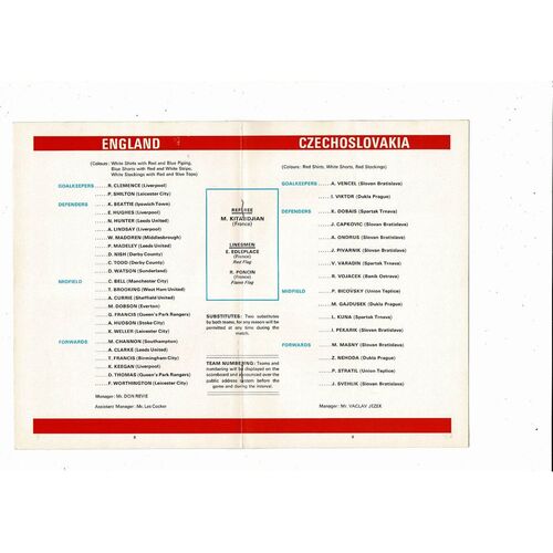 1974 England v Czechoslovakia Football Programme