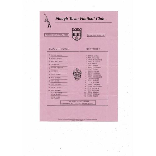 Slough Town v Brentford Friendly Football Programme 1992/93