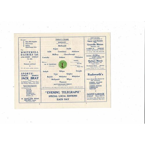 1958/59 Burnley v Nottingham Forest Football Programme