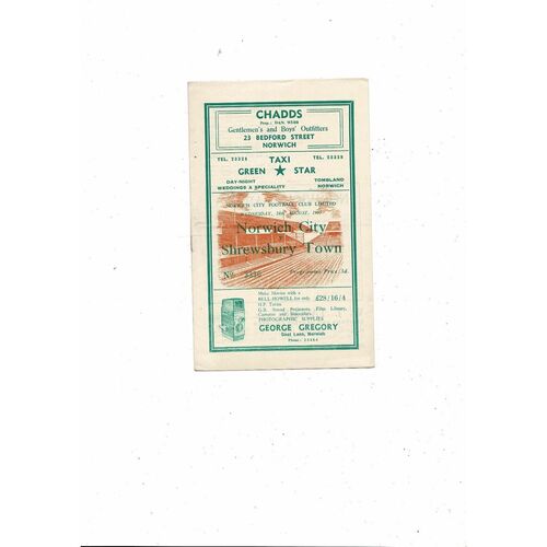 1955/56 Norwich City v Shrewsbury Town Football Programme