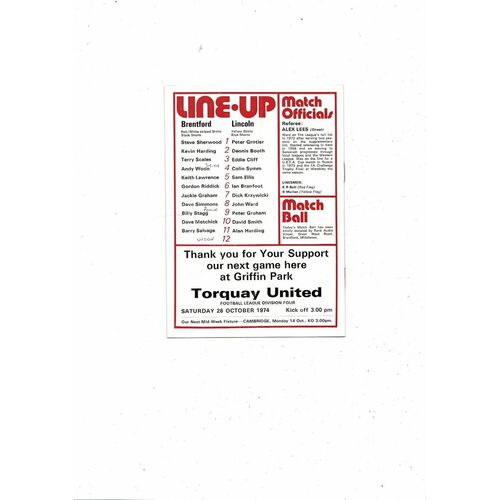 1974/75 Brentford v Lincoln City Football Programme