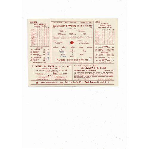 1956/57 Bexleyheath & Welling v Margate Kent League Football Programme