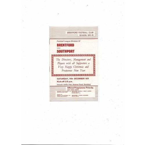 1971/72 Brentford v Southport Football Programme