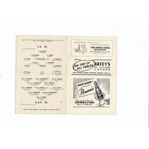 1950/51 FA X1 v RAF X1 Friendly Football Programme @ Fulham
