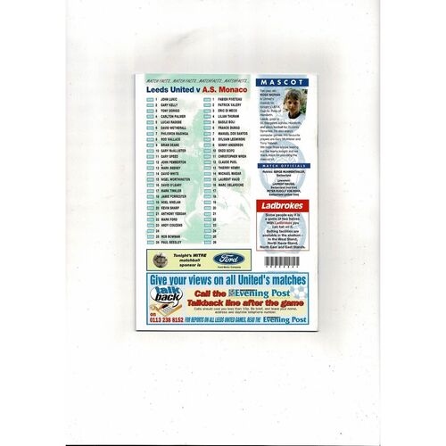 Leeds United V AS Monaco UEFA Cup Football Programme 1995/96