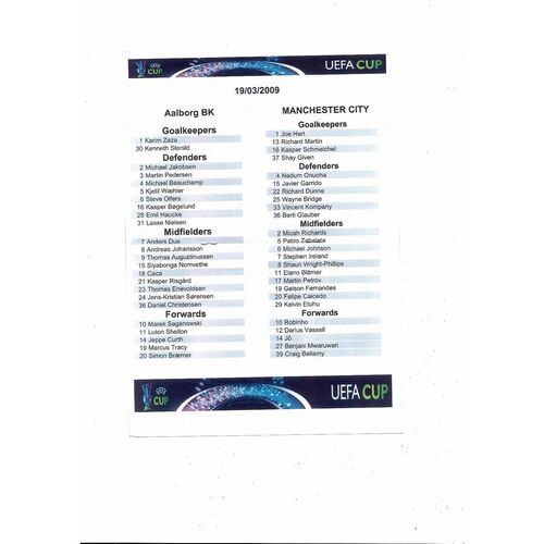Aalborg BK v Manchester City Official Match Guide & Unofficial UEFA Cup Football Programme 2008/09
