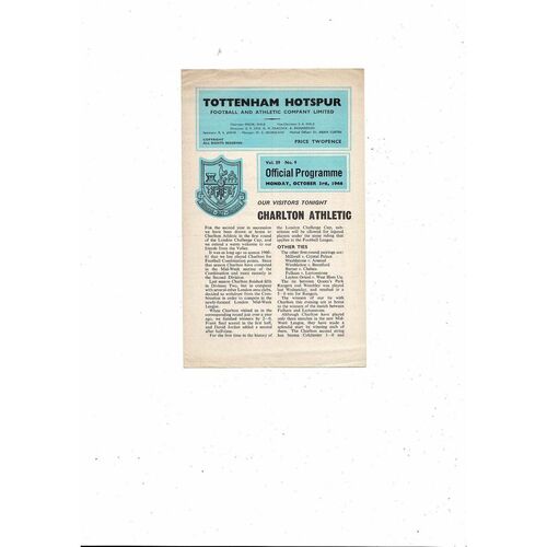 1966/67 Tottenham Hotspur v Charlton Athletic London Challenge Cup Football Programme