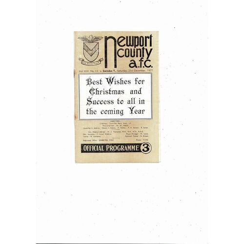 1957/58 Newport County v Swindon Town Football Programme