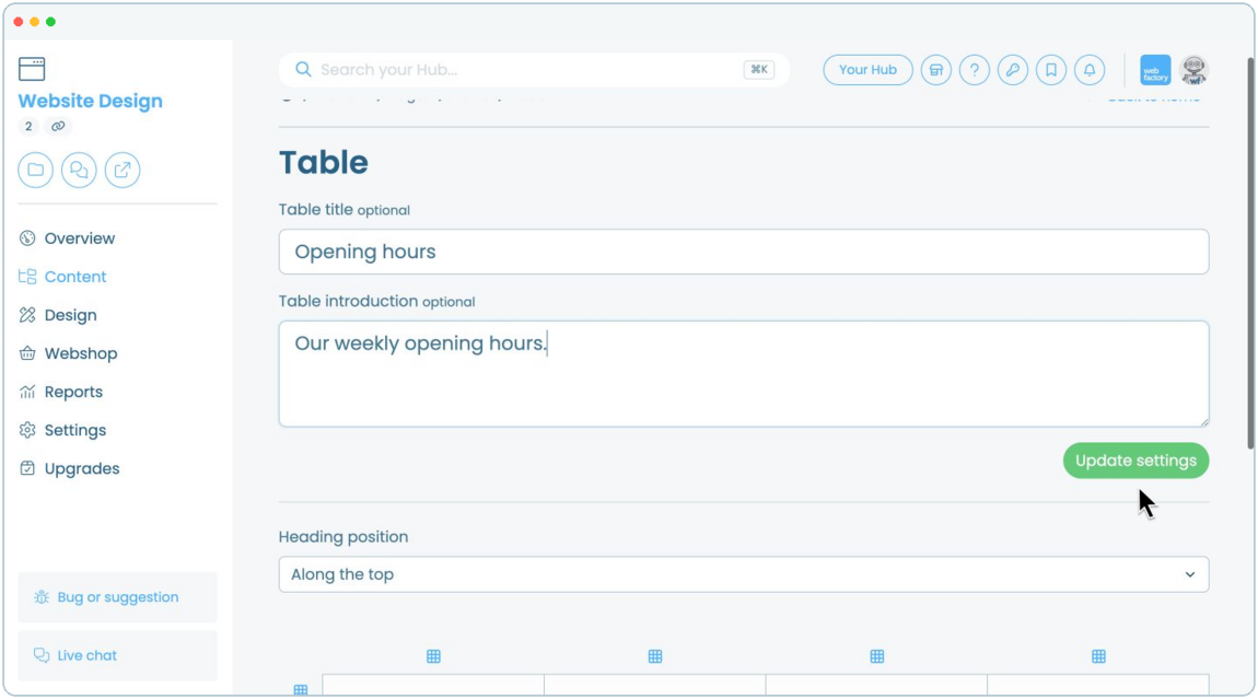 How to add a table to a website page | Webfactory Support | Webfactory