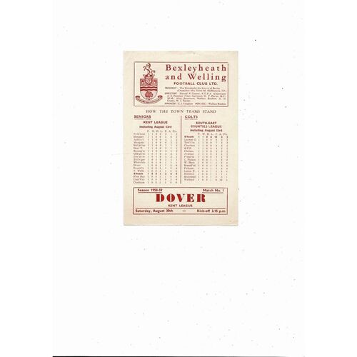 1958/59 Bexleyheath & Welling v Dover Kent League Football Programme