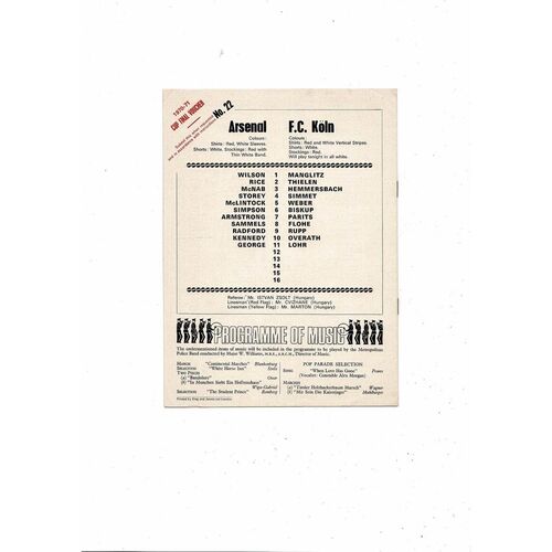 Arsenal v Koln Fairs Cup Football Programme 1970/71
