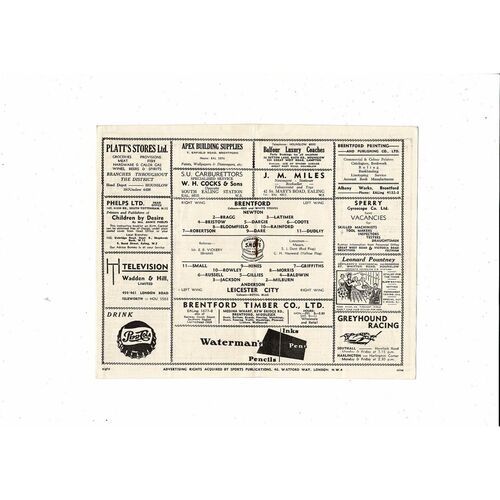 1953/54 Brentford v Leicester City Football Programme