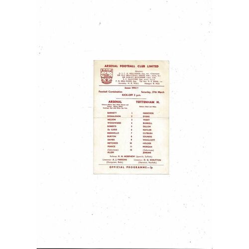 Arsenal v Tottenham Hotspur Football Combination Programme 1970/71