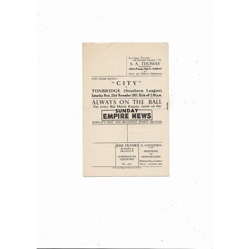 Guildford City v Yeovil Town FA Cup Football Programme 1957/58