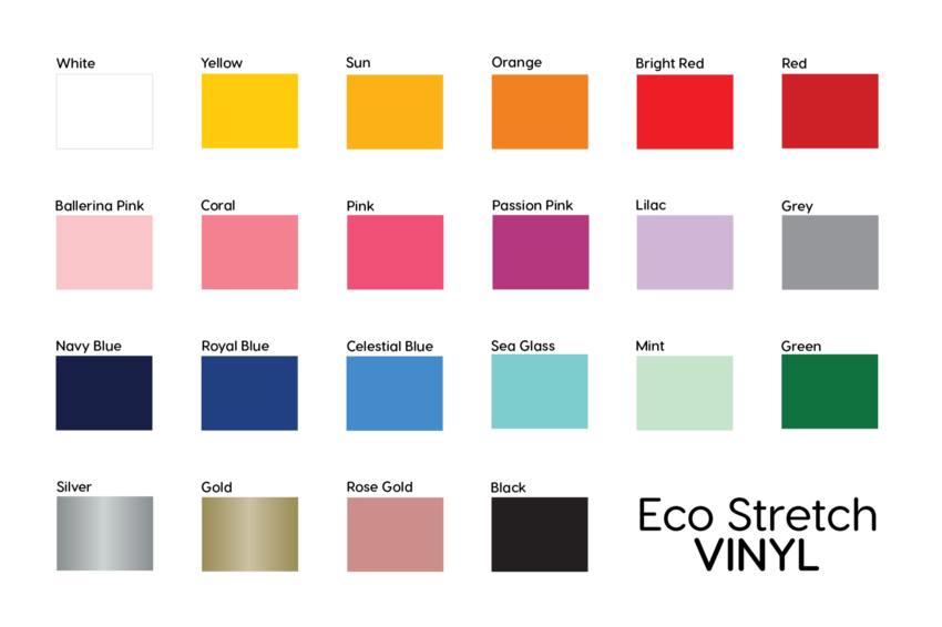 Eco Stretch VINYL colour chart with 22 vibrant HTV colours for eco-friendly heat transfer printing and custom apparel designs.
