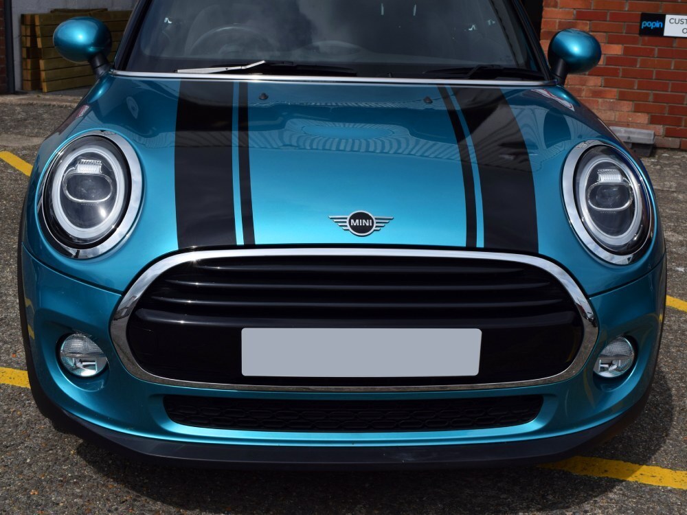 Black sport stripe graphics on bonnet of blue Mini Cooper