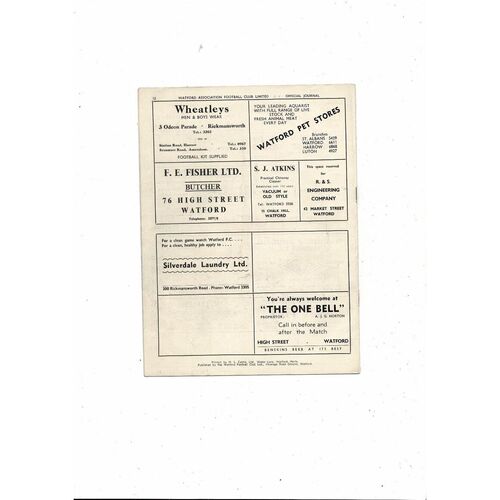 1953/54 Watford v Millwall Football Programme