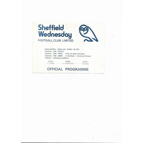 Sheffield Wednesday v Manchester City Central League Football Programme 1978/79
