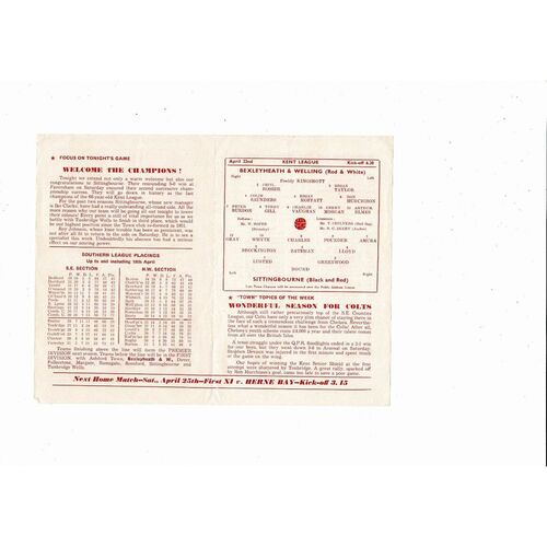 1958/59 Bexleyheath & Welling v Sittingbourne Kent League Football Programme