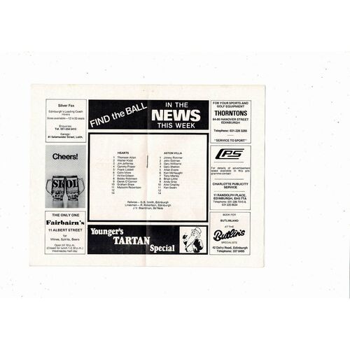 Hearts v Aston Villa Friendly Football Programme 1979/80