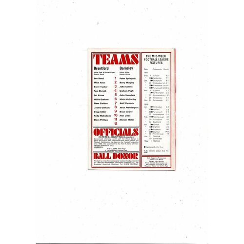 1977/78 Brentford v Barnsley Football Programme