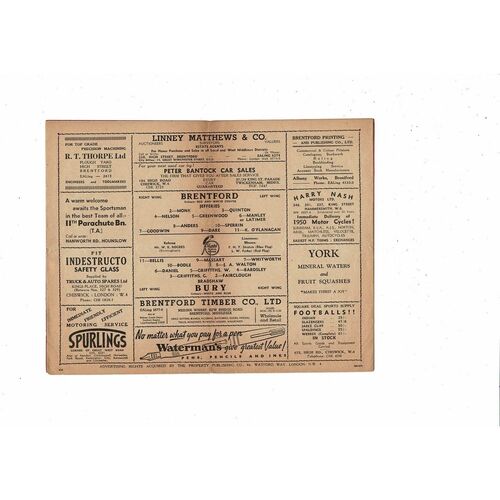 1949/50 Brentford v Bury Football Programme