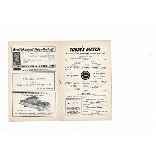 1959/60 Coventry City v Wrexham Football Programme