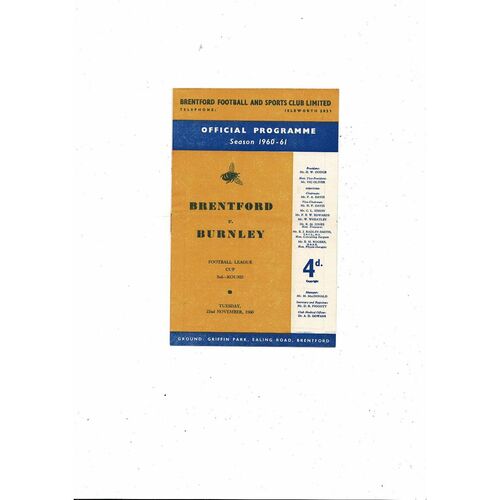1960/61 Brentford v Burnley League Cup Football Programme