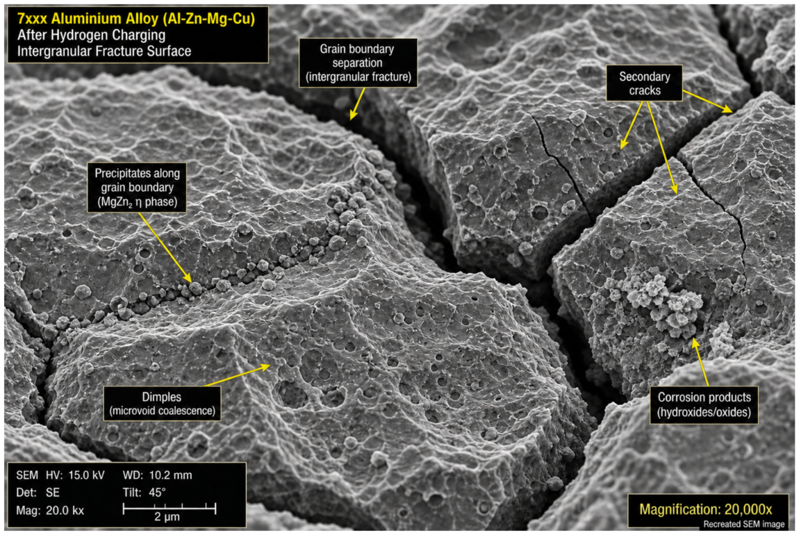 Scanning electron microscope image showing intergranular fracture surface of a high-strength aluminium alloy specimen after hydrogen charging, with grain boundary separation clearly visible