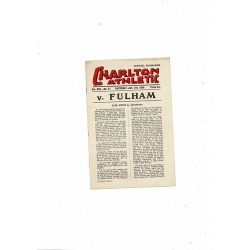 1949/50 Charlton Athletic v Fulham FA Cup Football Programme