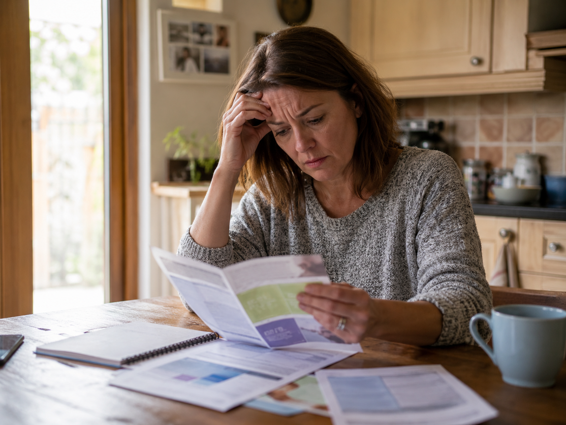 A worried middle-aged woman sitting at a kitchen table, holding a leaflet and looking overwhelmed by paperwork after a dementia diagnosis.