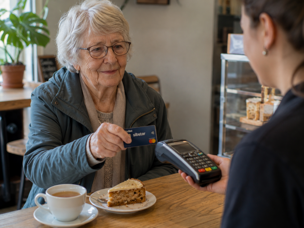 Older woman paying for tea and cake in a café using a Sibstar card, with a card reader held by a staff member across the table.