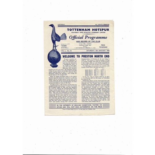 1957/58 Tottenham Hotspur v Preston Football Programme