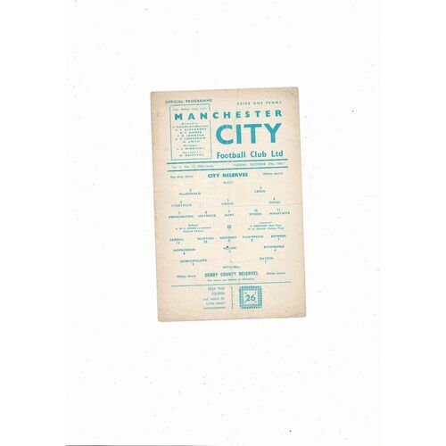 Manchester City v Derby County Central League Football Programme 1960/61