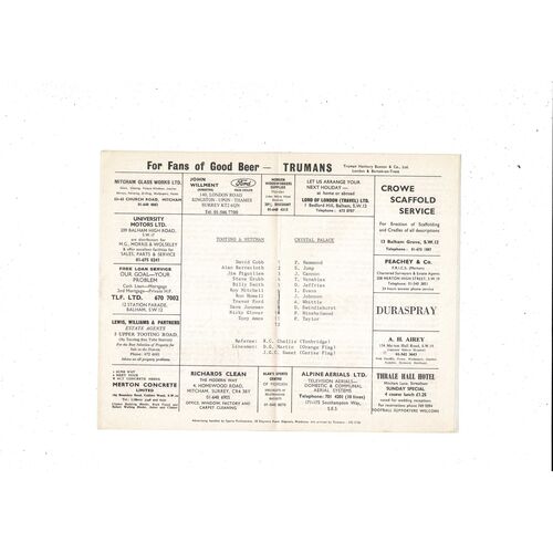 Tooting & Mitcham v Crystal Palace FA Cup Football Programme 1974/75