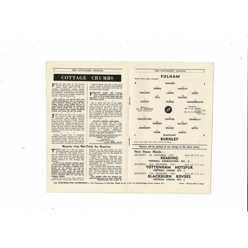 1959/60 Fulham v Burnley Football Programme Burnley Championship Season